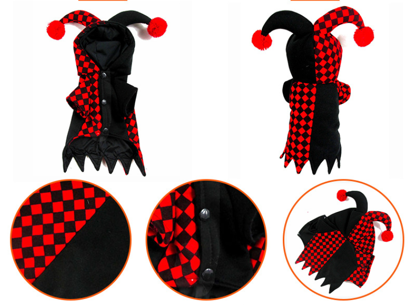 Checkered Pattern Pet Halloween Jester Costume with Pom Pom Hat For Dog